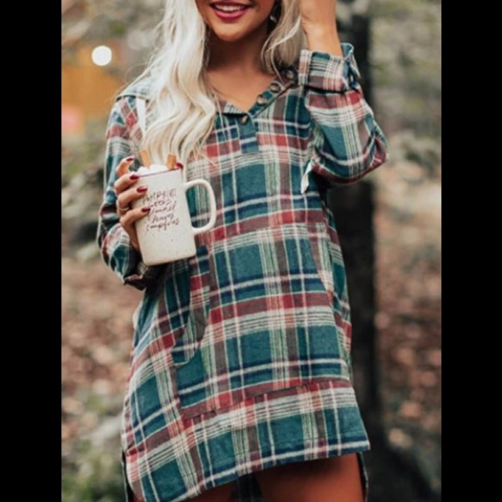 Hooded Flannel Plaid Loose V-Neck Few Buttons 🦘Pocket Drawstring Pullover Shirt - Picture 4 of 14